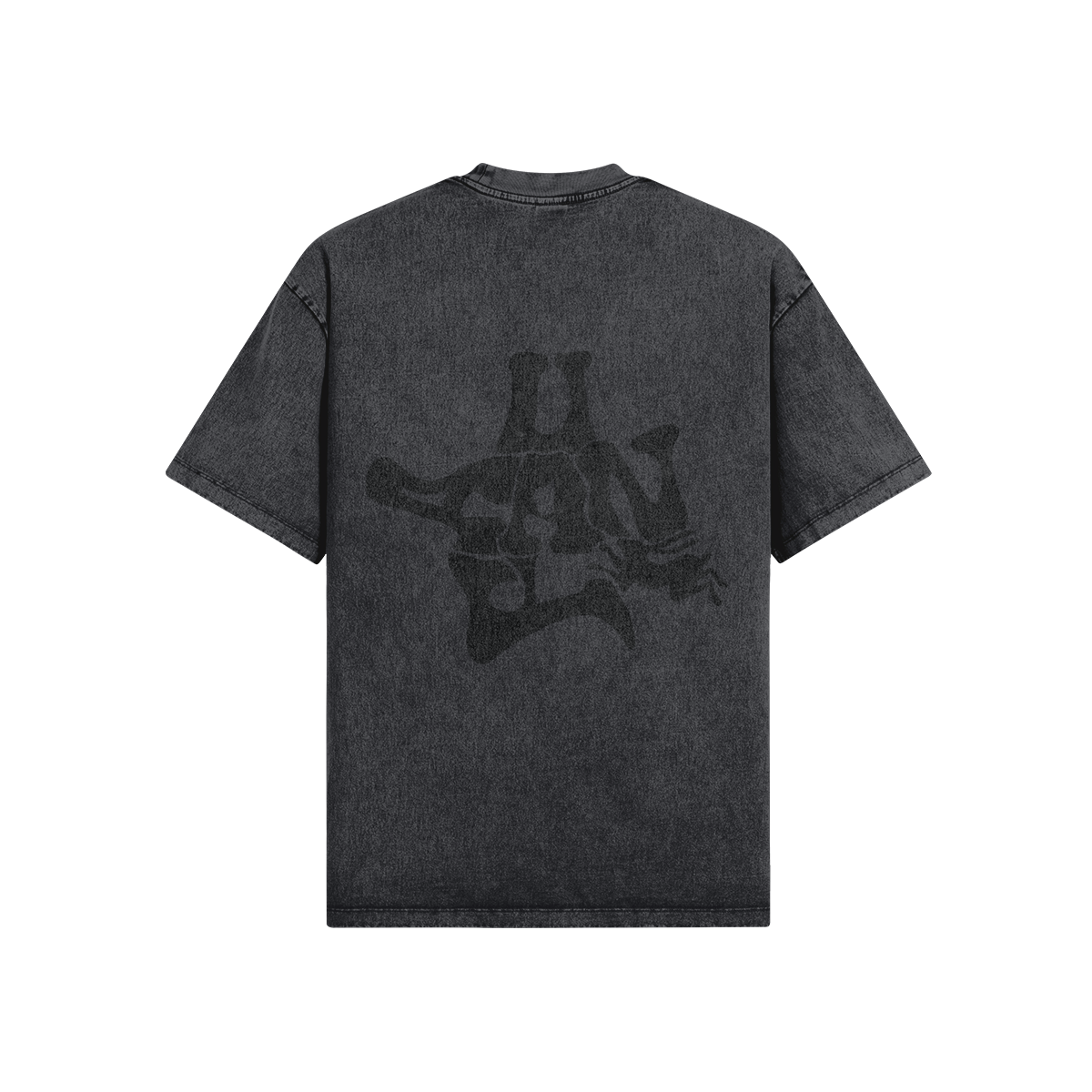 Across body design black on black with large black logo on back distressed look